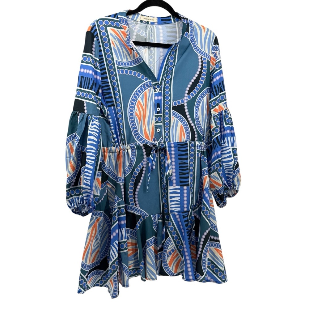 Patterned Blue and Orange Dress - Picture 2 of 11